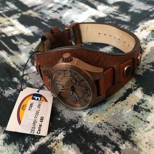 Fossil Leather Band Wood Flower Wrist Watch Women’s Steampunk